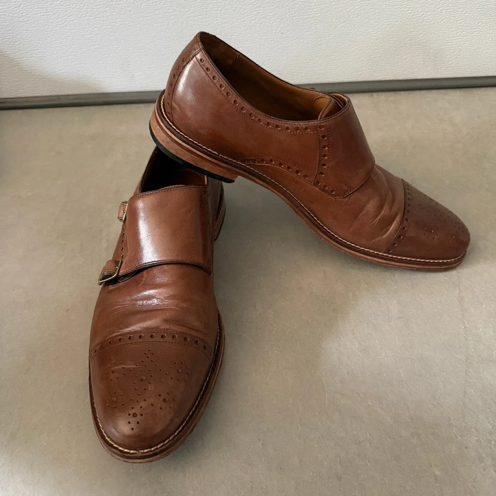 Johnston & Murphy Mens Tan Leather Double Monk Strap Brogue Shoes 11.5M